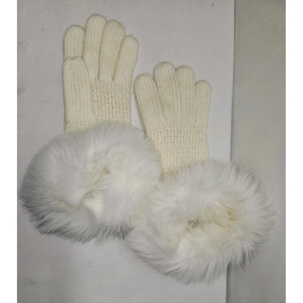 VTG Cream Knit Gloves Real Fur Trim Cuffs OS Winter Glam Coquette Cottagecore